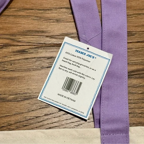 Large Trader Joes Tote Bag Lavender Purple Canvas 20" × 14” Brand New With Tags - Picture 4 of 4